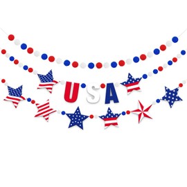 Doumeny 3Pcs 4th of July Felt Garland Patriotic Hanging Banner USA Star Bunting Garland Red White Blue Pom Ball Bunting American Flag Party Decor for Independence Day Memorial Veterans Day Labor Day