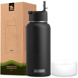 Koodee 32 oz Water Bottle with Wide Handle Straw Lid, Vacuum Insulated 18/8 Stainless Steel Wide Mouth Flask (Black)