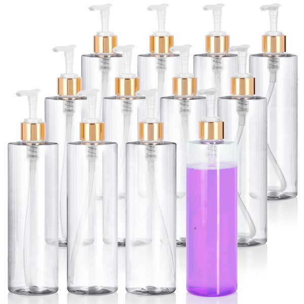 JUVITUS 8 oz Clear Cylinder PET Bottles with Gold Lotion Pump (12 Pack)