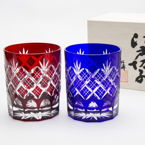 田島 glassmaking Fires 切子 矢来 Stacked Pattern, Chrysanthemum Bottom Old Glasses Pair [Gift Packaging]