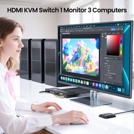 8K60Hz 4K120Hz HDMI KVM Switch 1 Monitor 3 Computers, USB3.0 3 Port KVM Switch with 4 Port USB 3.0 Hub for 3 PCs Share 1 Set of Keyboard, Mouse and 1 Monitor