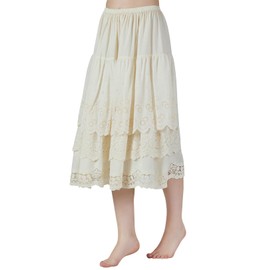 BEAUTELICATE Half Slip Underskirt 100% Cotton Petticoat Women Vintage Summer A-line Skirt Extender with 3 Layers Lace Ruffles Cream 75CM L