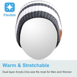Rotibox Washable Winter Mens Womens Hat Strip Bluetooth Beanie Cap w/Wireless Headphones Mic Hands Free Rechargeable Battery for Outdoor Sports Skiing Snowboard Skating Camping - White