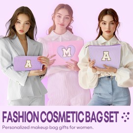 2 PCS Initial Makeup Bags for Women: Cosmetic Bag for Travel Toiletry - Birthday Gifts for 11 12 13 14 15 16 17 18 Years Old Girl Graduation Teacher Gift- Teen Girl Gifts Trendy Stuff - Purple D
