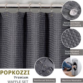 Dark Grey Waffle Shower Curtain: 96 Inch Gray Textured Heavy Duty Fabric Extra Long Shower Curtains for Bathroom - Water Repellent Washable Cloth Hotel Spa Luxury Neutral Bath Curtain - 72x96