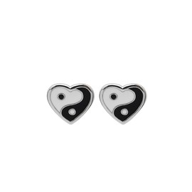 Yin Yang Heart Shaped Stud Earrings Sterling Silver 925 Minimalist Love Heart Black and White Enamel Statement Earring Studs Piercing Hypoallergenic for Women Girls Jewelry Gifts