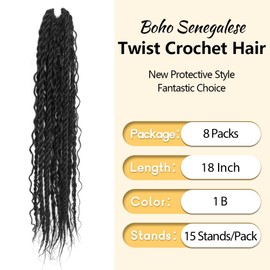 NISEYO Boho Senegalese Twist Crochet Hair 18 Inch, 8 Packs Pre-looped Curly Ends, Natural Black Pretwisted Goddess Island Passion Bomb Crochet Braids (120 Strands,1B)