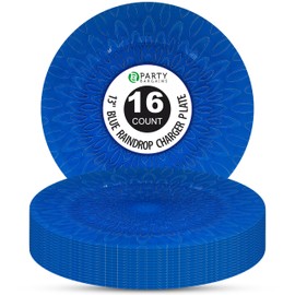 PARTY BARGAINS 13 Inch Plastic Charger Plates, Raindrop Transparent Blue, 16 Pack