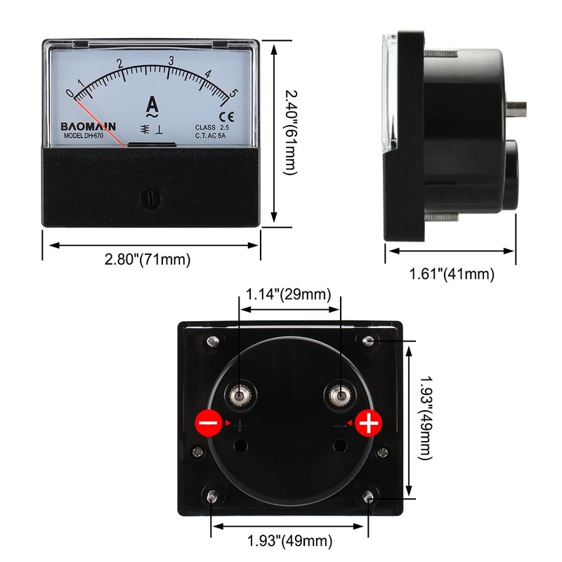 Baomain Ammeter DH-670 AC 0-5A Rectangular Ampere Needle Panel Meter