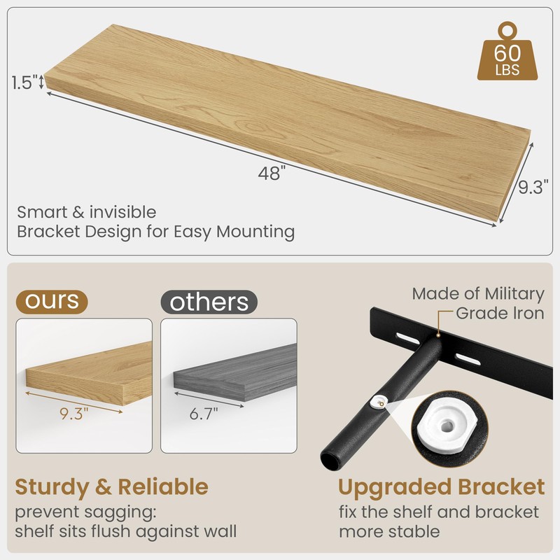 48 Inch Long Floating Shelves Oak, 9.3" Deep Floating Shelf