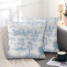 Wsunsal Blue and White Toile Pillow Covers 18x18 Inch Set of 2 Vintage French Country Throw Pillow Cover Rustic Linen Cushion Cover Decor for Home Sofa Bedroom Outdoor Indoor