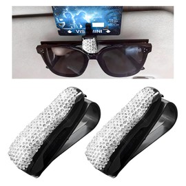 Dickno 2 PCS Bling Sunglasses Holder for Car Sun Visor, Crystal Rhinestones Eyeglasses Hanger Mount with Ticket Card Clip, Universal Vehicle Visor Decor Accessories for Women (White)