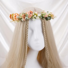 KorViSHOW Fairy Flower Crown Headbands - Handmade Bohemian Rose Floral Headpiece Renaissance Hair Accessories for Women Girls Weeding Birthday Festivals Party Headdress (Champagne)