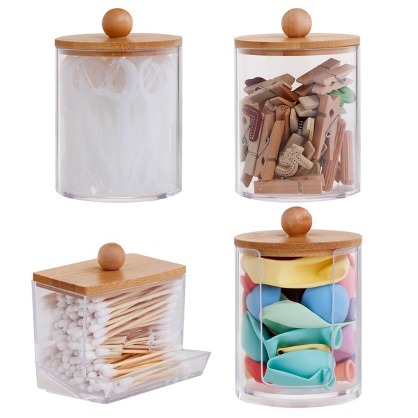 HAOYULUO Pack of 4 Cotton Buds Containers, Makeup Organiser Set, Acrylic Cotton Buds Container with Bamboo Lid, Cotton Pad Dispenser for Storage in Bedroom, Bathroom and Living Room