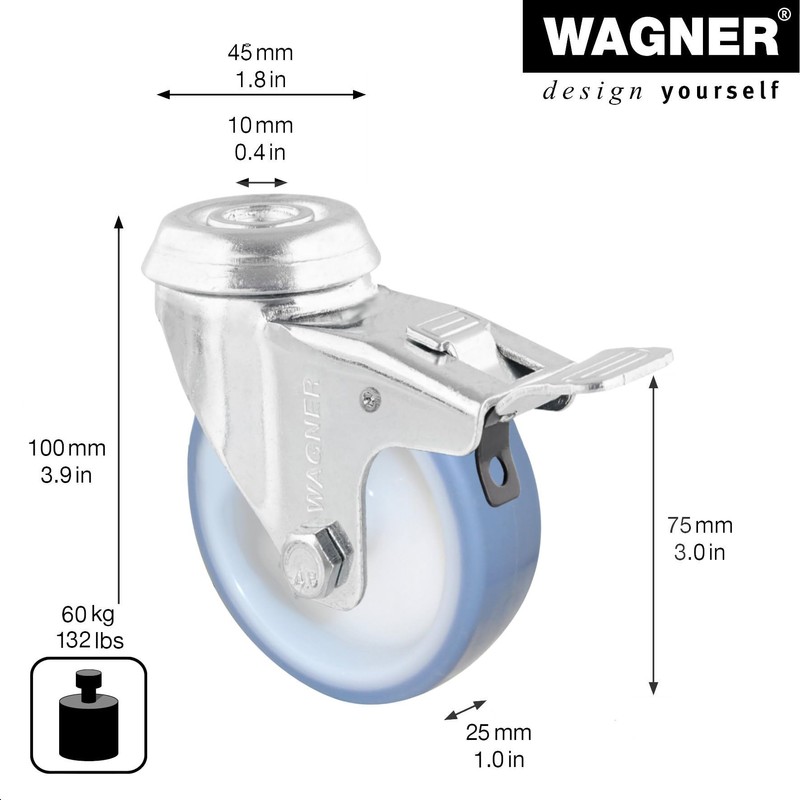 WAGNER Soft swivel castor with back hole, diameter 75 mm,