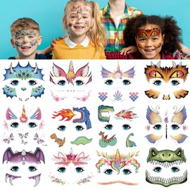 EMOME 24 Sheets Face Tattoos for Kids, Dinosaur Mermaid Butterfly Face Paint for Boys Girls Makeup Decorations Animal Tattoos for Party Bag Filler Birthday Party Supplies Favors