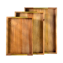 SNAZZORA Set of 3 Decorative Serving Trays - Acacia Wood + Golden Steel Handles - Coffee Table or Ottoman Tray for Breakfast in Bed Jewelry, Decor Organization