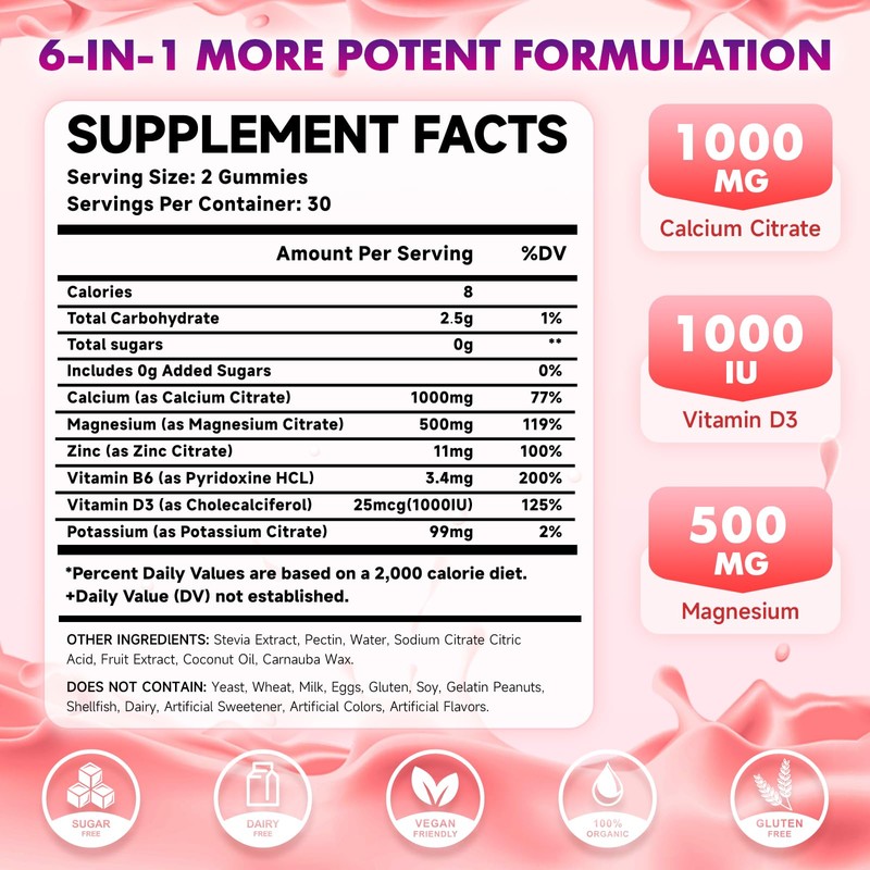 Calcium Citrate Gummies 1000mg w/Vitamin D3, High Absorption Calcium Supplement