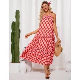 Women's Maxi Boho Dress Casual Summer Sleeveless Loose Long Floral Sundresses Flowy Halter Tiered Beach Vacation Orange L