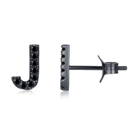 LiBihong Black Cubic Zirconia Alphabet Letter Stud Earrings, Sterling Silver 925 Post Polished Finish (J)