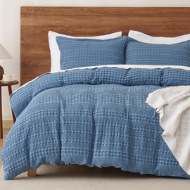 PHF 100% Cotton Waffle Duvet Cover King, Soft Breathable Cotton Bedding Duvet Cover Set for All Season, Waffle Weave Textured for Aesthetic Luxury Home Decor, 2 Pillow Shams, 104"x90", Captain's Blue
