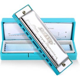 Blues Harmonica, Diatonic 10 Holes C Key Happy Harmonica Mouth Organ for Beginner,,,Students,,with Carrying Plastic Case,Clean Cloth and Manual:_blue-silver