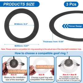 PATIKIL Goof Rings for 5/6 Inch Recessed Can Lighting Down Light, 3 Pcs Metal Goof Trim Rings Cover, Outer Diameter 8.07-inch, Inner Diameter 6.29-inch, Matte Finish Black, Flush Mount