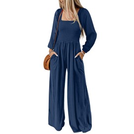 Dokotoo Womens Casual Loose Overalls One Piece Long Sleeve Jumpsuits for Women Stretchy Wide Leg Long Pant Rompers Jumpsuit with Pockets XSmall Blue