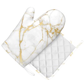 Oven Mitts and Pot Holders Sets White Gold Kitchen Accessories Marble Silicone Non-Slip Heat Resistant Gloves for Kitchen,Cooking,Baking,BBQ (White Gold)