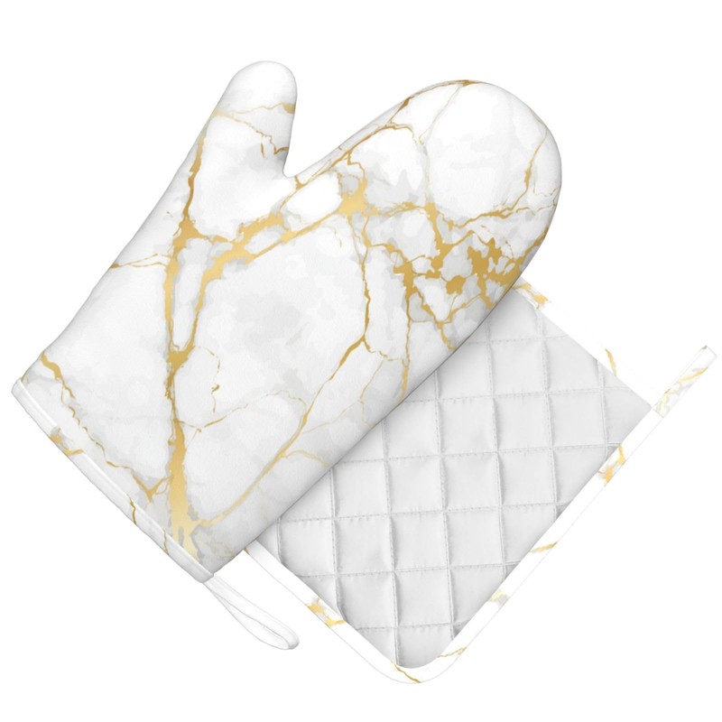 Oven Mitts and Pot Holders Sets White Gold Kitchen Accessories