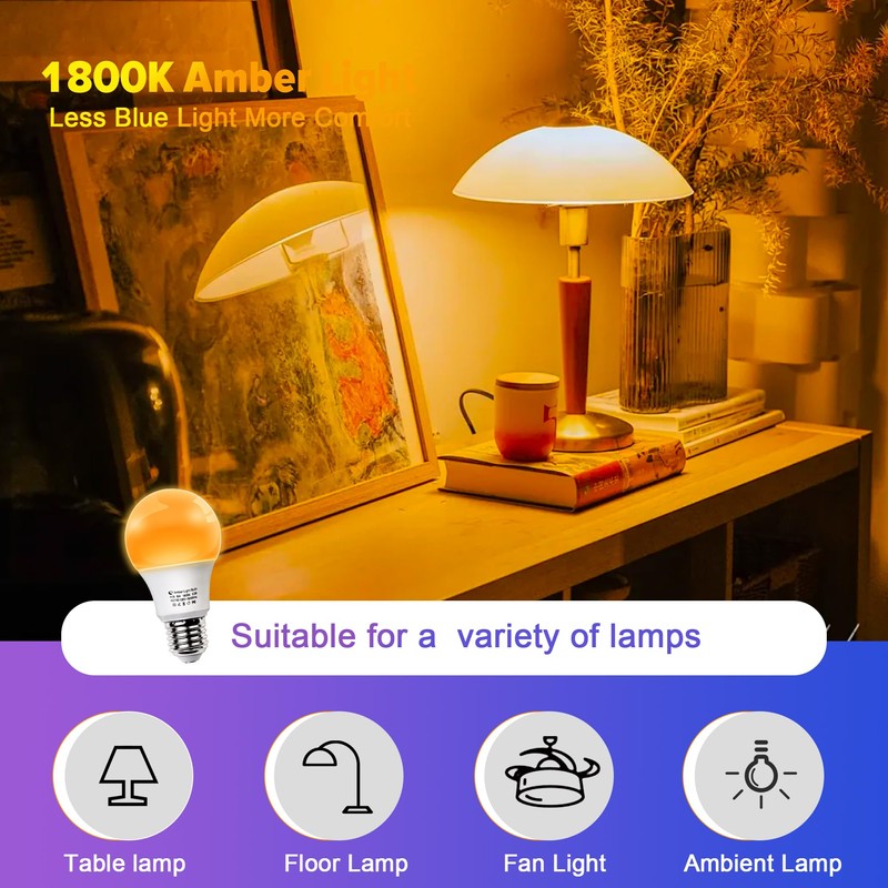 DALUXshop Amber Sleep Light Bulbs, Blue Light Blocking, A19 9W(60