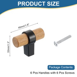 sourcing map 6 Pcs T Bar Wooden Drawer Pulls Wood Single Hole Dresser Drawer Knobs Furniture Dresser Pull Handles with Screws for Home Kitchen Room Closet Cupboard, Beech Wood/Black