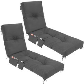 Kigley 2 Pcs Outdoor Chaise Lounge Cushions with 3 Side Pocket 76 x 22 x 6 Inch Patio Chaise Lounge Cushion Water-Repellent and Fade-Resistant Tufted Summer Replacement (Dark Grey,Solid Color)