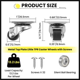 HONSNKS 8 Pcs 1/2 Inch Small Caster Wheels, Low Profile Mini 360 Degree Swivel Casters, Metal Top Plate Little TPR Caster Wheels for Small Appliances Furniture Cabinet Storage Box & Bins (Brown)