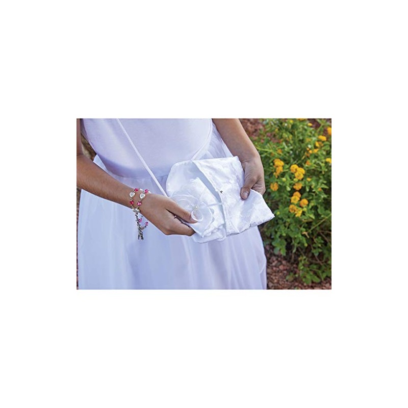 First Communion White Satin Brocade Rosary Case with Chalice Design,