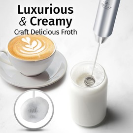 Zulay Kitchen Lux Rechargeable Milk Frother Handheld - Powerful 2-Speed Motor, Fully Waterproof, 2000mAh Battery - Drink Mixer For Latte, Cappuccino, Matcha, Protein Powder - Silver
