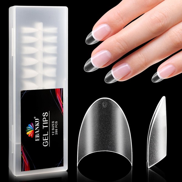 EBANKU 288 pieces Almond short nail tips, tips for gel nails, nail tips, acrylic fake nail tips, matte clear artificial nails for acrylic nails, 12 sizes