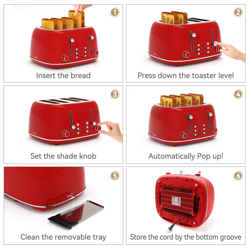 Toaster 4 Slice, Retro Stainless with 6 Bread Shade Settings,1.5''Wide