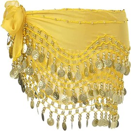 Women's Belly Dance Belt, Chiffon Hip Scarf, Dance Scarf with Coins for Belly Dance, yellow