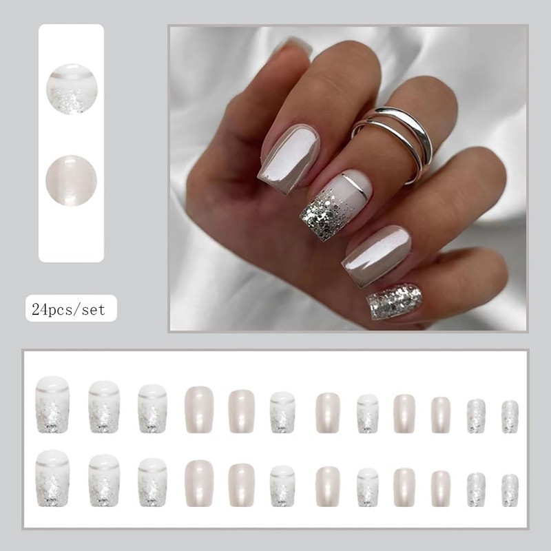 Clataly 24 Pcs Square Nail Silver Glitter Powder Fake Nails