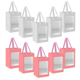 TUIOLUI 10 Pack Small White and Pink Paper Bags with Window Bulk Mini Paper Gift Bags with Handles 7.1x5.1x9.8 Little Goodie Shopping Bags Party Favor Gift Bags for Small Business