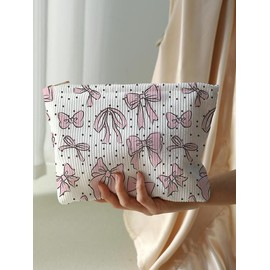 Cute Bowknot & Polka Dot Pattern Makeup Bag, Lightweight Multifunctional Cosmetic Storage Bag, Casual Versatile Zipper Corduroy Makeup Bag for Travel & Daily Use:_Multicolor1_one-size