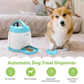 PETGEEK Automatic Dog Treat Dispenser, Interactive Pet Toy Food Dispensing for IQ Training, Dog Food Dispenser with Button Remote Push, Dual Power Supply for Indoor Outdoor Use, Blue