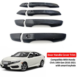Door Handle Cover Trim Compatible With 10th Gen Honda Civic Sedan Hatchback Coupe Type R 2016 2017 2018 2019 2020 2021 Exterior Door Handles with smart Entry keyhole Carbon Fiber style Car Decoration