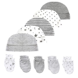 Ecojoy Baby Hats with Mittens Set Boys Grils Infant Beanie Caps Unisex Newborn Hospital Hat with Scratch Mitten Set for Baby Gray White