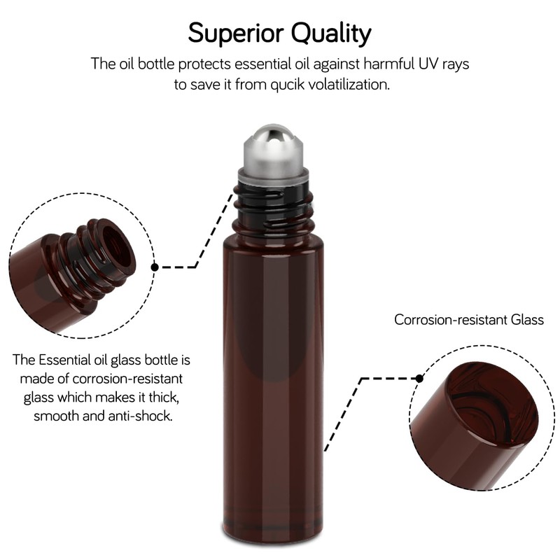 PrettyCare Roller Bottles For Oils 10 ml (Amber Glass, 12