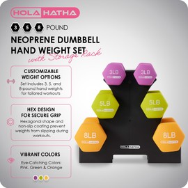 HolaHatha Neoprene Dumbbell Weights Set w/ Rack, Home Gym Equipment, 32 Lbs, Multicolor - Portable Weighted Exercise Dumbbells for Fitness, Training, and Lifting Workouts