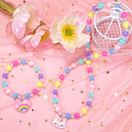 SIELEVIN Little Girl Jewelry Toddler Necklace Bracelet Set with Cute Cat Pink Heart Pendant Kids Pretend Play Costume Dress up Jewelry Princess Party Gifts for 3 4 5 6 7 8 Years Old
