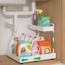 REALINN Expandable Under Sink Organizers and Storage, 2 Tier Under Cabinet Organizer, Heights Adjustable Pull Out Rack for Kitchen Bathroom Laundry, White, 1 Pack