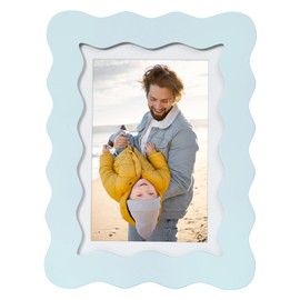 5x7 Cute Picture Frame, Wavy Curved Photo Frame with 4x6 Mat and Real Glass, Unique Funky Frame for Table and Wall Display, Home Office Desk Decoration Art, Baby Boy Gift (5x7, Light Blue)